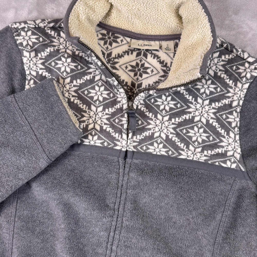 LL Bean Womens Gray Fair Isle Snowflake Full Zip Fleece Jacket 284061 Small‎
